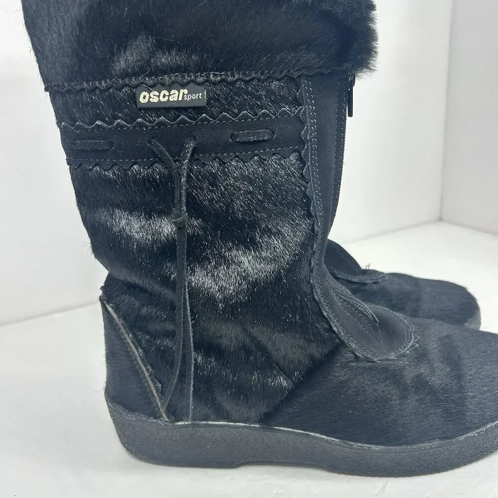 Oscar Sport Christina Black Fur Boots 41/10 Zip Apres-Ski Italian Winter Pull On